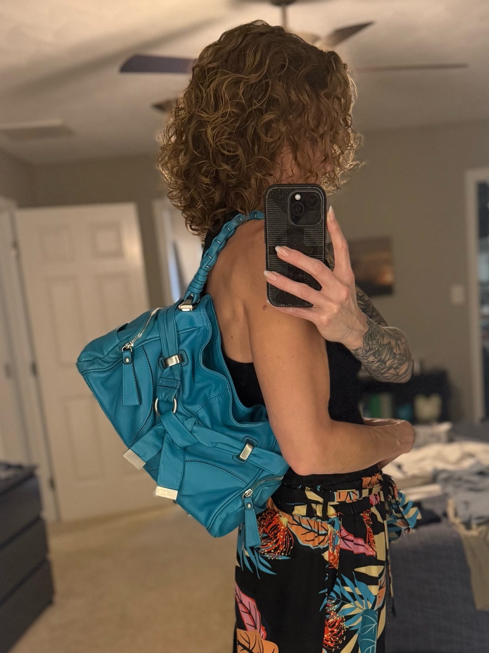 B. Makowsky Turquoise Blue Leather Shoulder Bag Slouchy Hobo Silver Hardware Y2K
